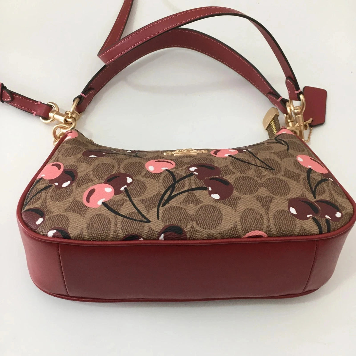 Coach Teri Shoulder Bag CY694 Signature Canvas Cherry Print Tan Brown