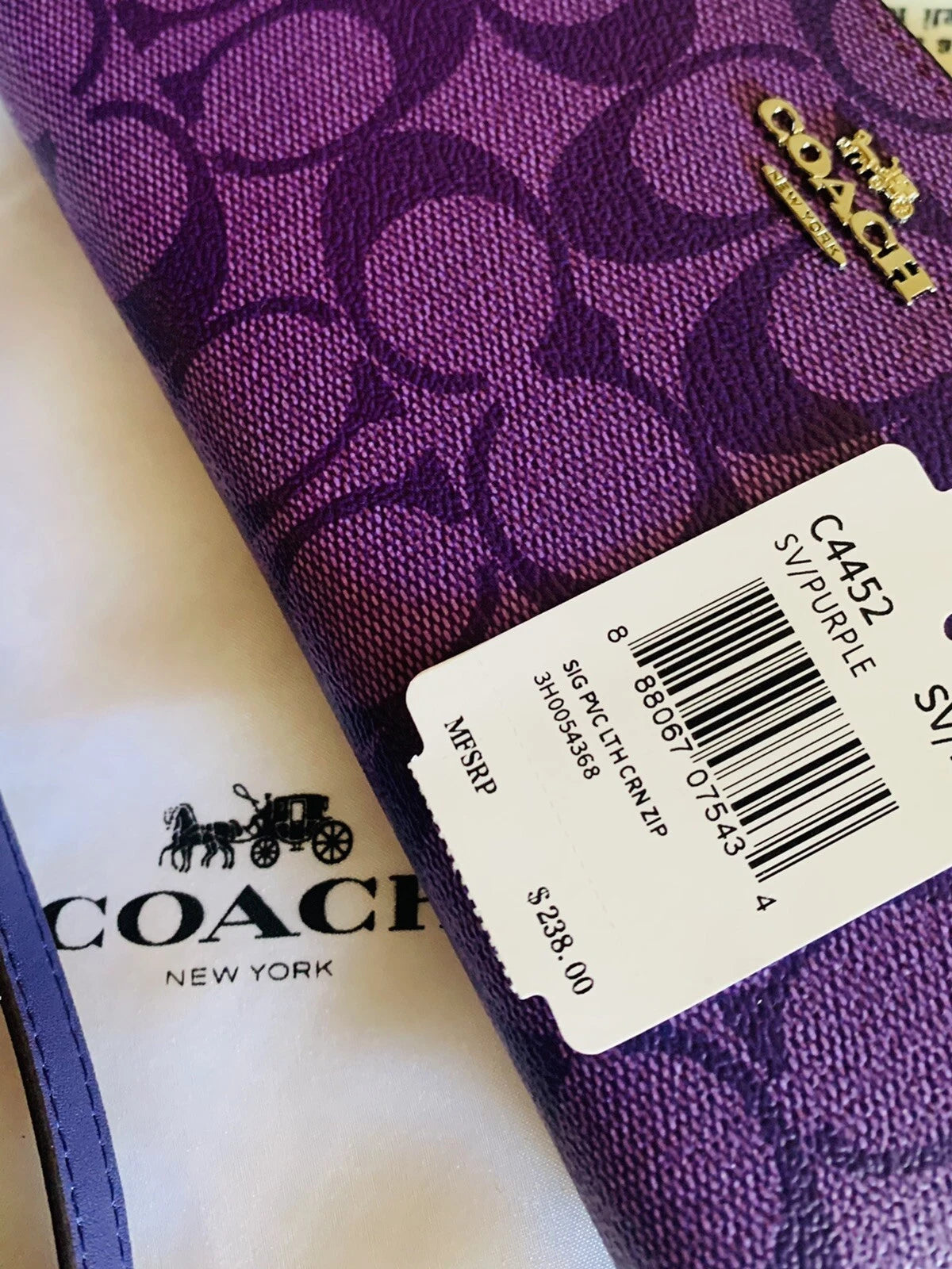 COACH C4452 Signature Zip-Around Long Wallet – Purple, New with Tags