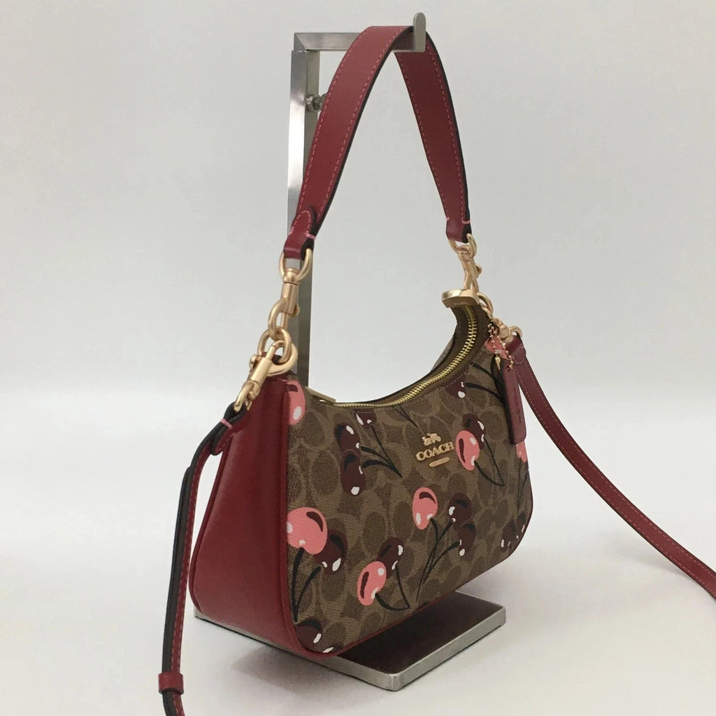 Coach Teri Shoulder Bag CY694 Signature Canvas Cherry Print Tan Brown