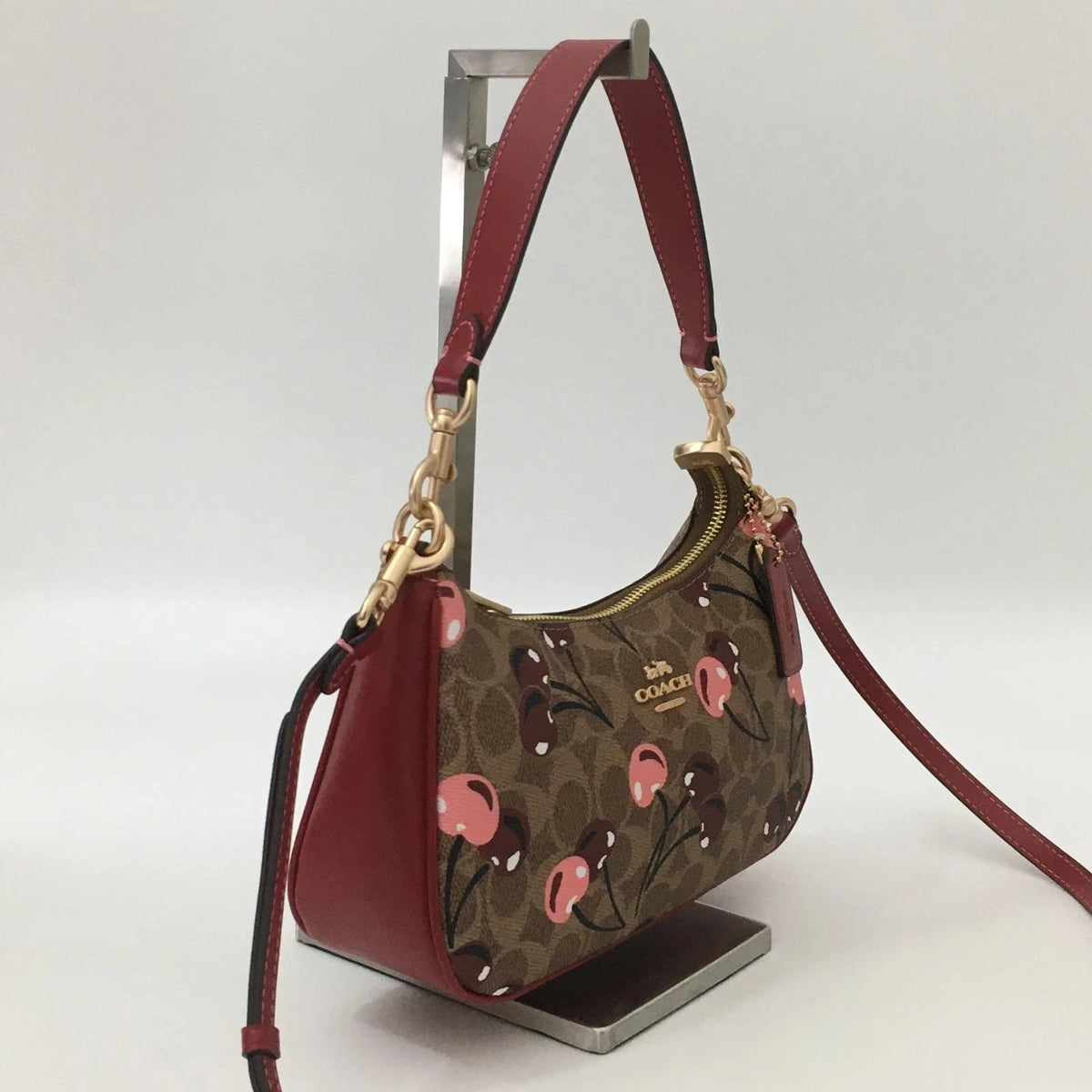 Coach Teri Shoulder Bag CY694 Signature Canvas Cherry Print Tan Brown