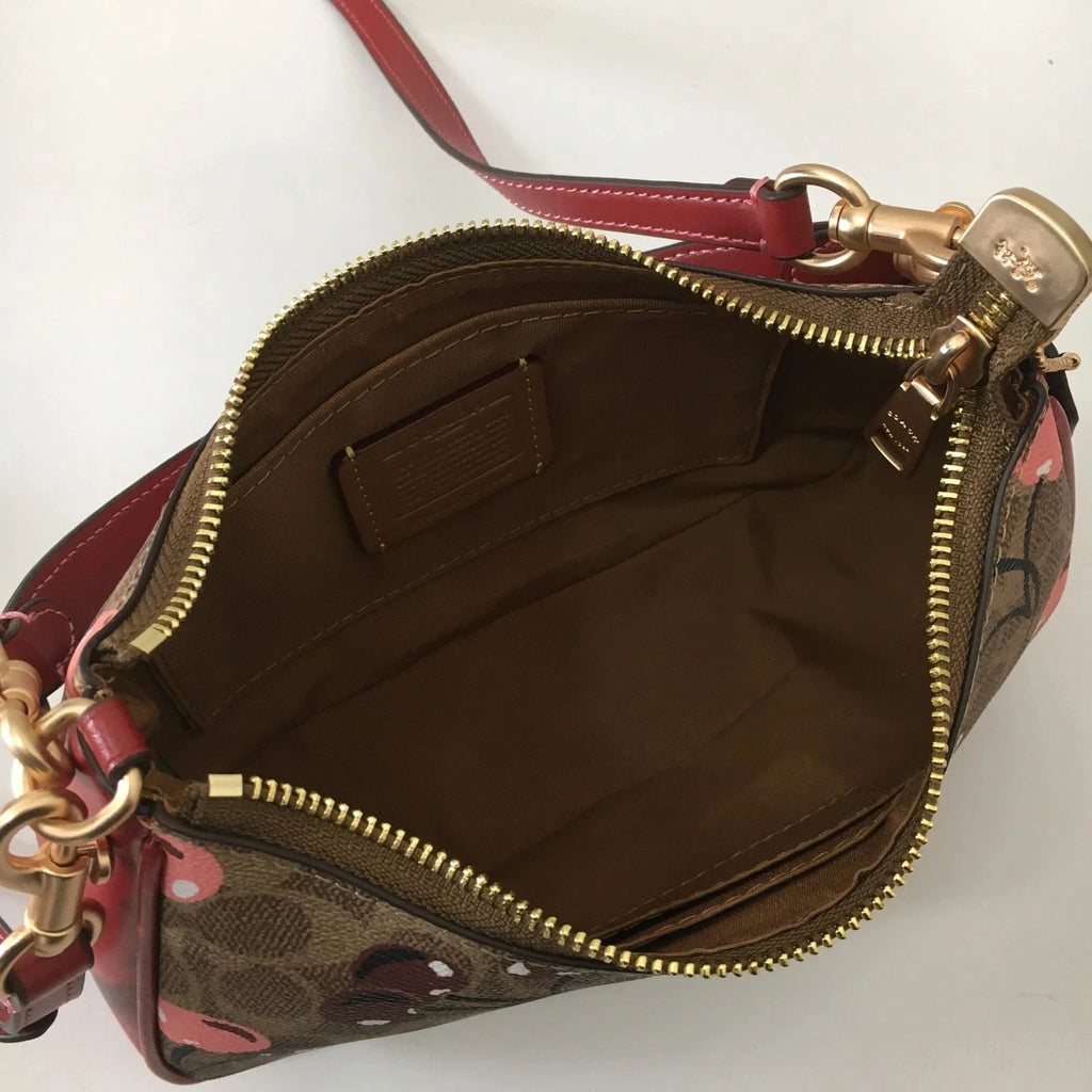 Coach Teri Shoulder Bag CY694 Signature Canvas Cherry Print Tan Brown