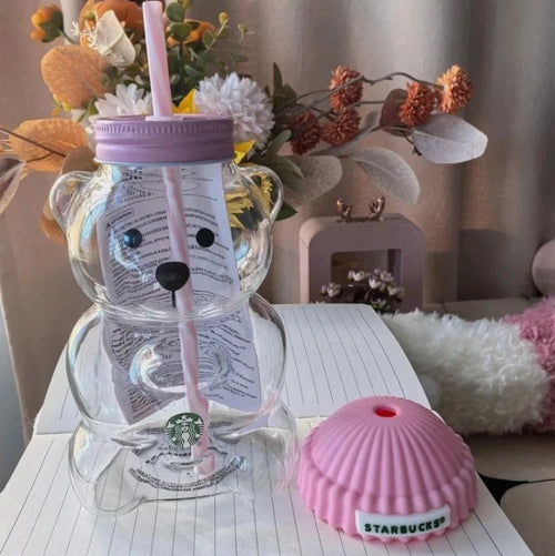 2026 Starbucks Bearista Pink Bear Glass Tumbler 20oz with Straw