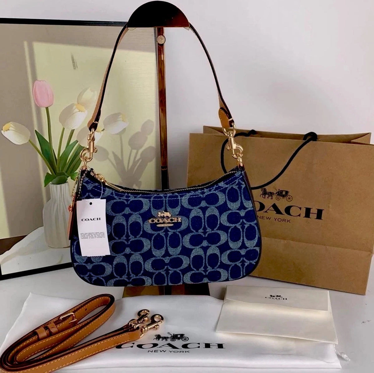 Coach Teri Shoulder Bag CAF82 Signature Denim Natural Blue NWT