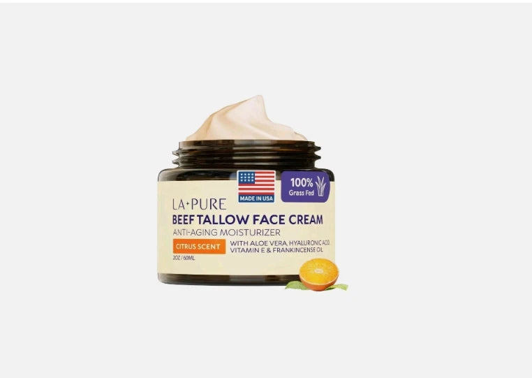 Beef Tallow Face Cream 2oz Grass-Fed with Aloe Vera & Hyaluronic Acid - Citrus
