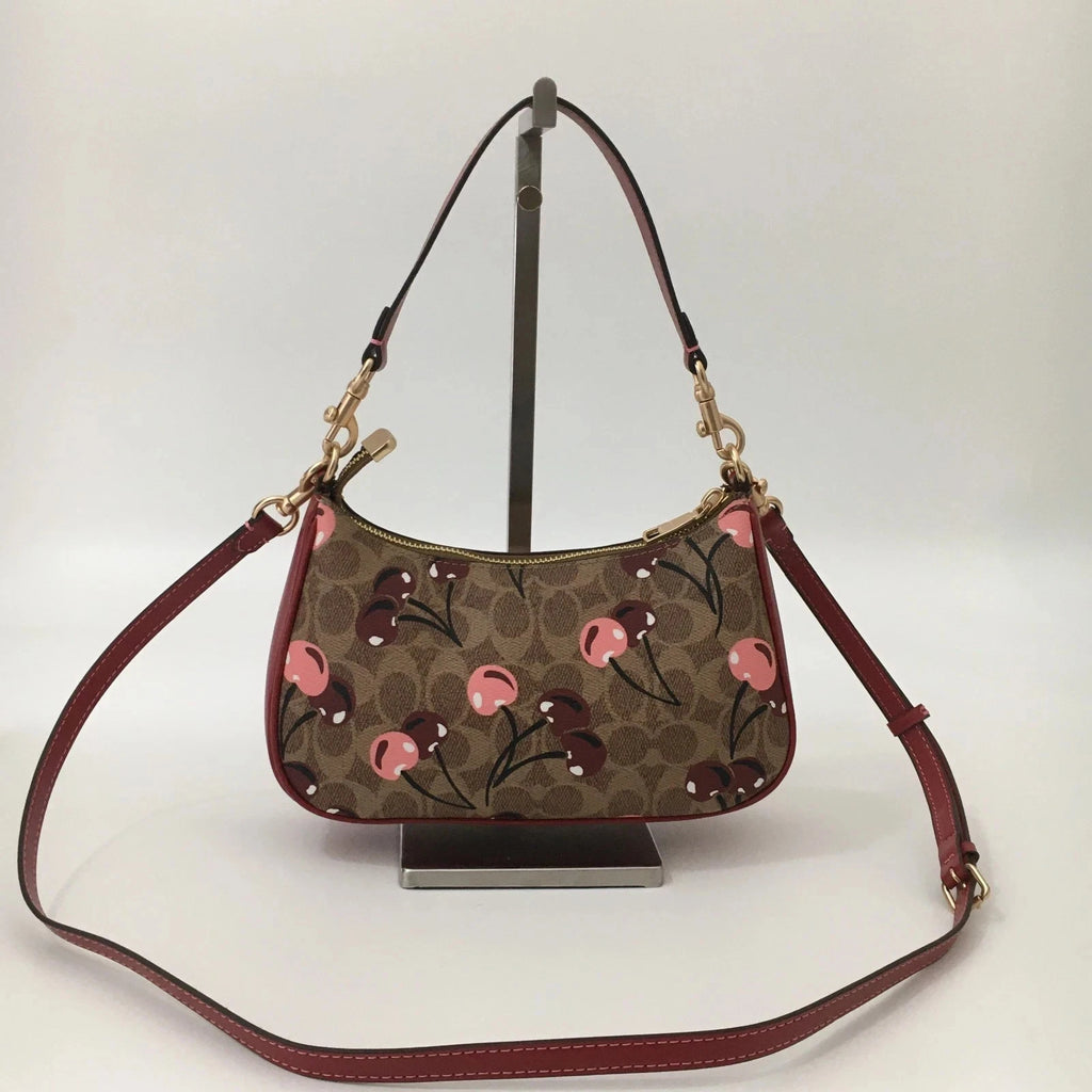 Coach Teri Shoulder Bag CY694 Signature Canvas Cherry Print Tan Brown